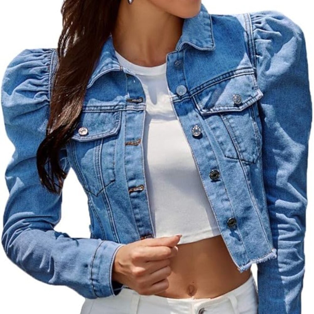 Cropped Denim Jean Jacket with Puffy Shoulders